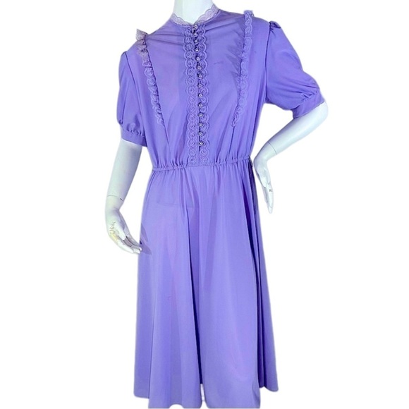 Vintage Lavender Jane Baar New York Ruffle Button Up Top Lace Detail Maxi Dress - Picture 1 of 16